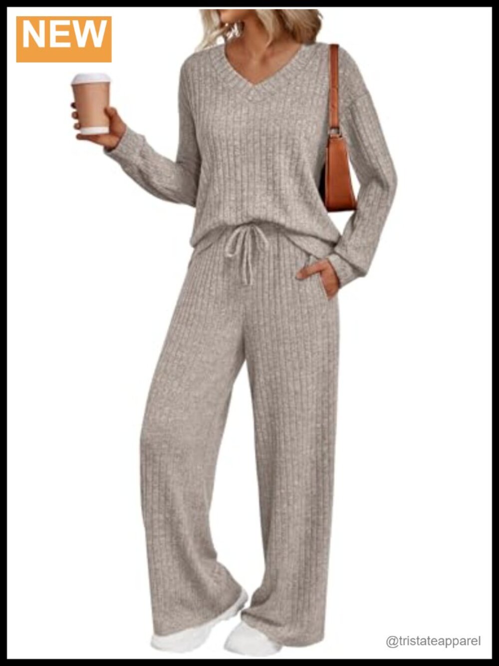Ribbed Knit Lounge Set V-Neck Top Wide Leg Pants Travel